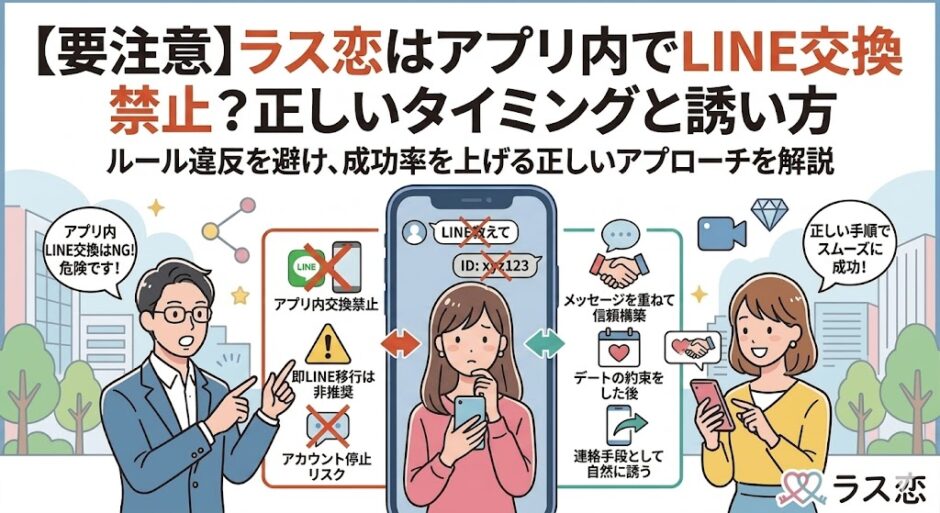 マッチングアプリ『ラス恋』でのLINE交換に関する注意点と正しい手順を解説したアイキャッチ画像。アプリ内での直接交換NGといったルール違反のリスクや、デートの約束後に自然に連絡先を交換するベストなタイミングをわかりやすく図解しています。（AI生成イメージ）