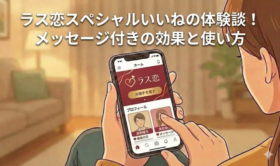 スマホで「ラス恋」アプリを開き、スペシャルいいねの体験談やメッセージ効果について読んでいる女性（AI生成イメージ）