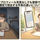 ラス恋のプロフィール写真なし登録と本人確認用写真の違いを解説するイラスト。自撮りに失敗して諦めた中年男性と、運転免許証を用いたクリアな本人確認写真の対比。（AI生成イメージ）