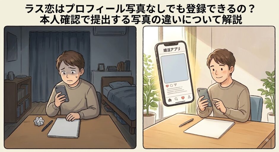 ラス恋のプロフィール写真なし登録と本人確認用写真の違いを解説するイラスト。自撮りに失敗して諦めた中年男性と、運転免許証を用いたクリアな本人確認写真の対比。（AI生成イメージ）