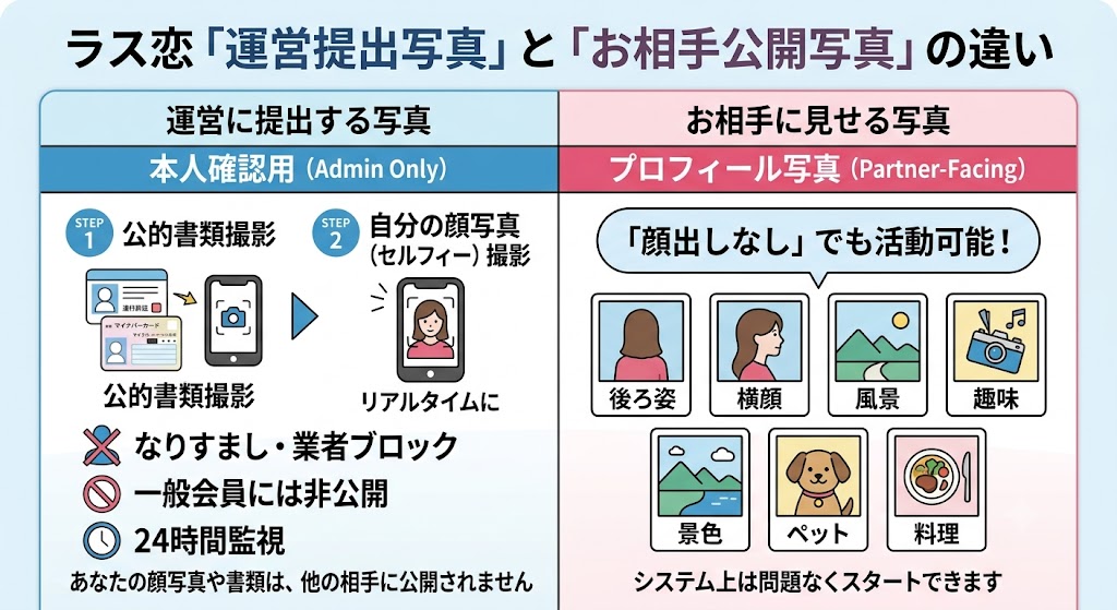 ラス恋の「運営提出写真」と「お相手公開写真」の違いを解説（AI生成イメージ）