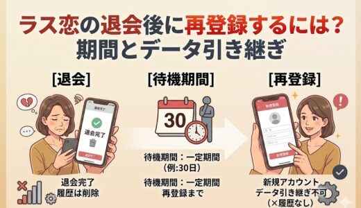 ラス恋の退会後の再登録方法や待機期間、データ引き継ぎについて解説する記事のアイキャッチ画像（AI生成イメージ）