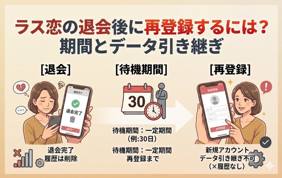 ラス恋の退会後の再登録方法や待機期間、データ引き継ぎについて解説する記事のアイキャッチ画像（AI生成イメージ）