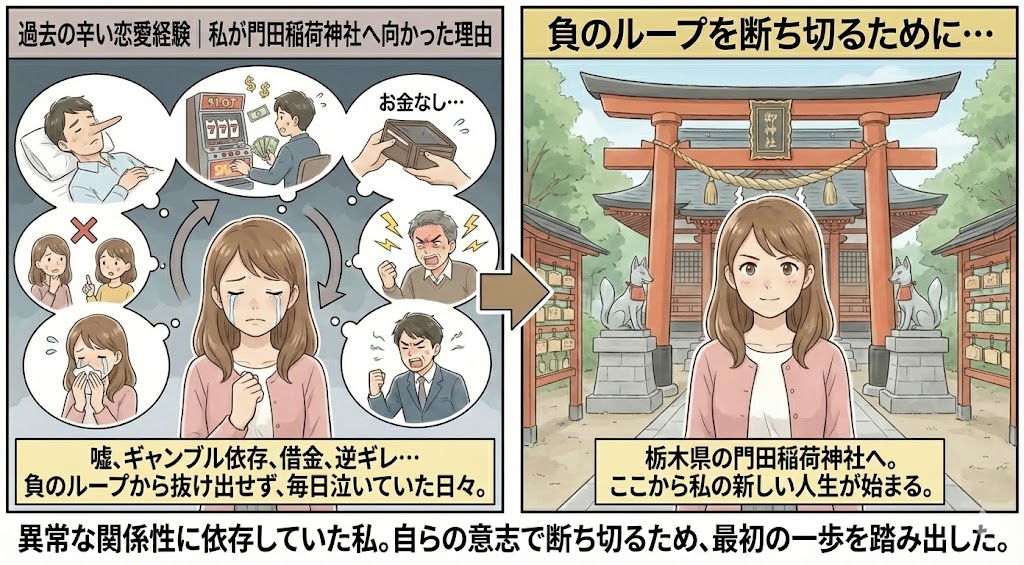辛い恋愛経験と悪縁切りの決意を描いた図解。左側は元彼のギャンブル依存や借金、逆ギレといった負のループに悩み、泣いている女性のイラスト。右側はそこから抜け出すために栃木県の門田稲荷神社へ足を運び、晴れやかな表情で新しい一歩を踏み出す女性のイラスト(AI生成イメージ)