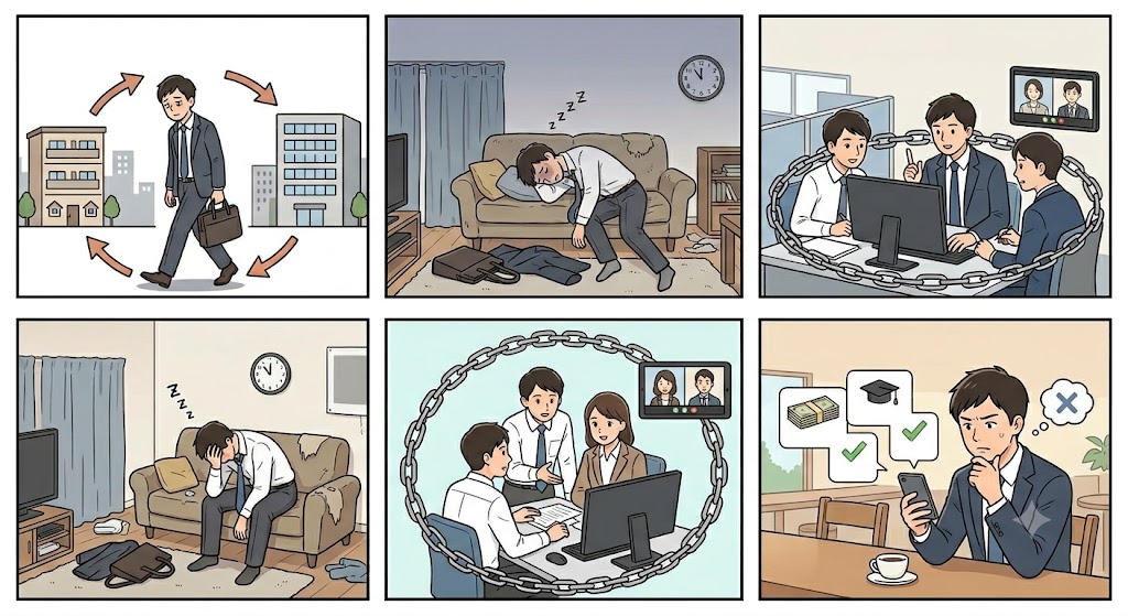 疲労や人間関係の固定化など、社会人に出会いがない原因を描いたイラスト（AI生成イメージ）