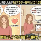 マッチングアプリで再婚し幸せな家庭を築いた元シングルマザーが家族写真を見せる様子と、再婚カップルの幸福度が高い理由をデータで解説する相談員のイラスト【再婚体験談アイキャッチ】（AI生成イメージ）