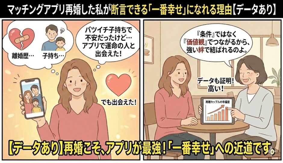 マッチングアプリで再婚し幸せな家庭を築いた元シングルマザーが家族写真を見せる様子と、再婚カップルの幸福度が高い理由をデータで解説する相談員のイラスト【再婚体験談アイキャッチ】（AI生成イメージ）