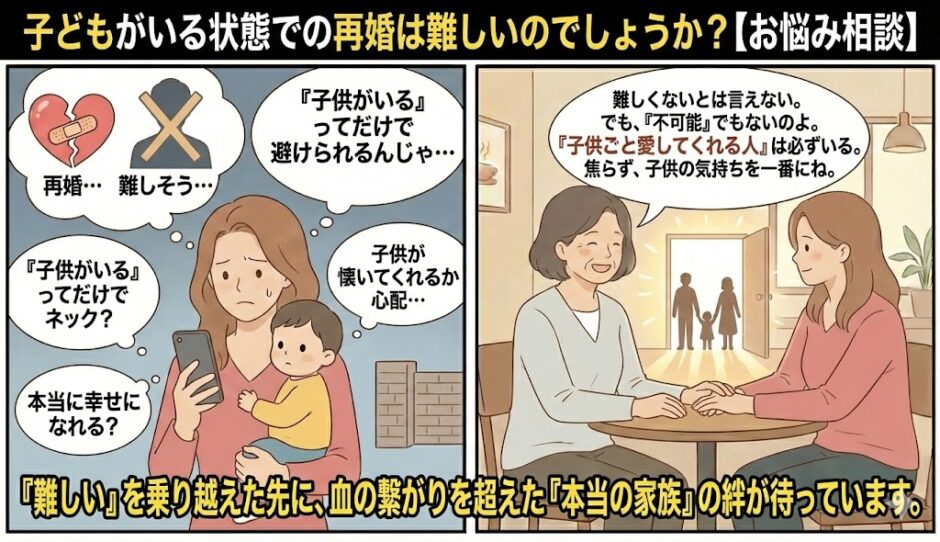 「子どもがいると再婚は難しい？」と不安を抱え、子供を抱きながら悩むシングルマザーと、血の繋がりを超えた新しい家族の絆は築けると励ますカウンセラーのイラスト【子連れ再婚の悩み相談アイキャッチ】（AI生成イメージ）