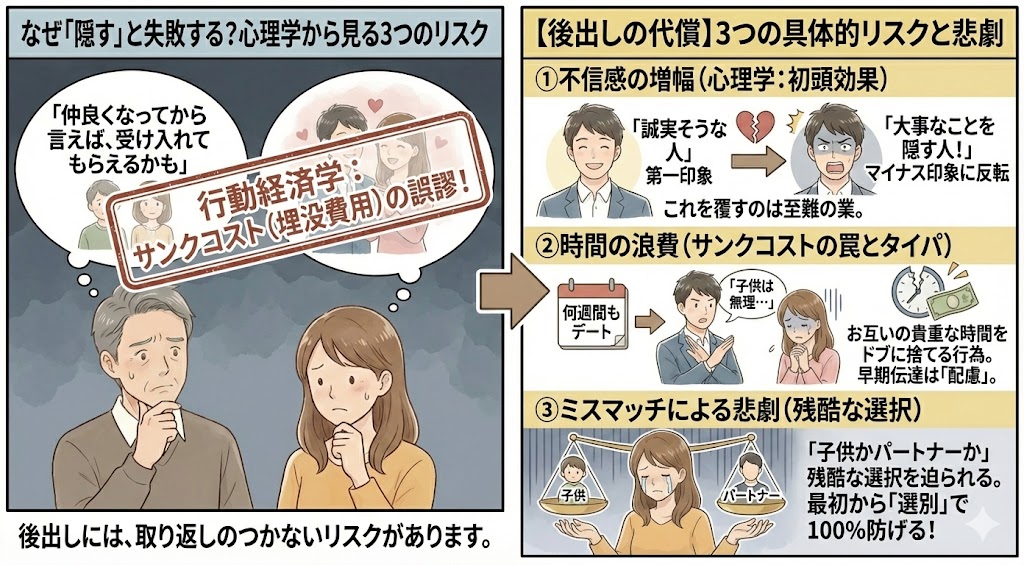 バツイチ子持ちを隠すと失敗する3つのリスクと心理学的理由（行動経済学のサンクコストの誤謬・初頭効果）の図解。後出しが招く不信感の増幅、時間の浪費、ミスマッチによる悲劇（子供かパートナーかの選択）を可視化（AI生成イメージ）