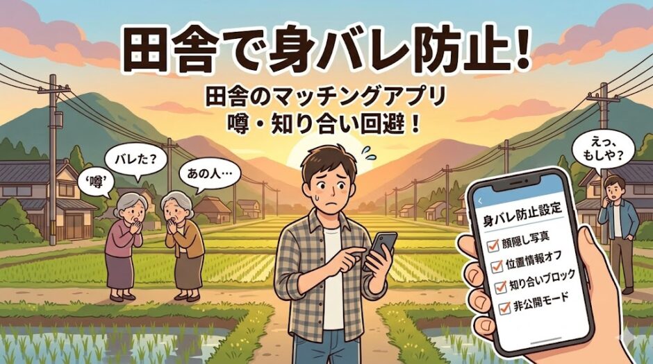 「田舎のマッチングアプリで身バレを防止する方法」を解説するアイキャッチ画像（AI生成イメージ）