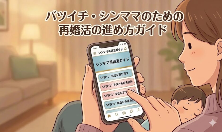 バツイチ・シンママのための再婚活の進め方ガイド（居間で寝ている子供と一緒にスマートフォンを操作するシングルマザーの柔らかいイラスト）（AI生成イメージ）
