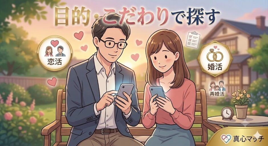 夕暮れの庭でスマホを操作する男女。恋活、婚活、再婚活の目的別検索をテーマにした「真心マッチ」のイラスト（AI生成イメージ）