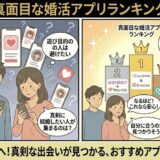 遊び目的のユーザーを避け、真面目に結婚したい男女が、アドバイザーから成婚実績や真剣度で厳選された「婚活アプリランキング」を紹介されて安心しているイラスト（AI生成イメージ）