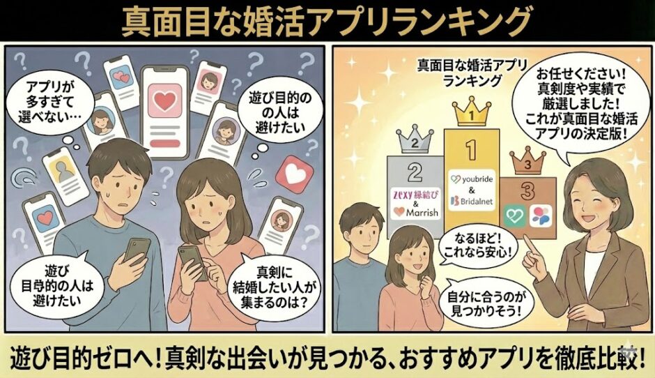 遊び目的のユーザーを避け、真面目に結婚したい男女が、アドバイザーから成婚実績や真剣度で厳選された「婚活アプリランキング」を紹介されて安心しているイラスト（AI生成イメージ）