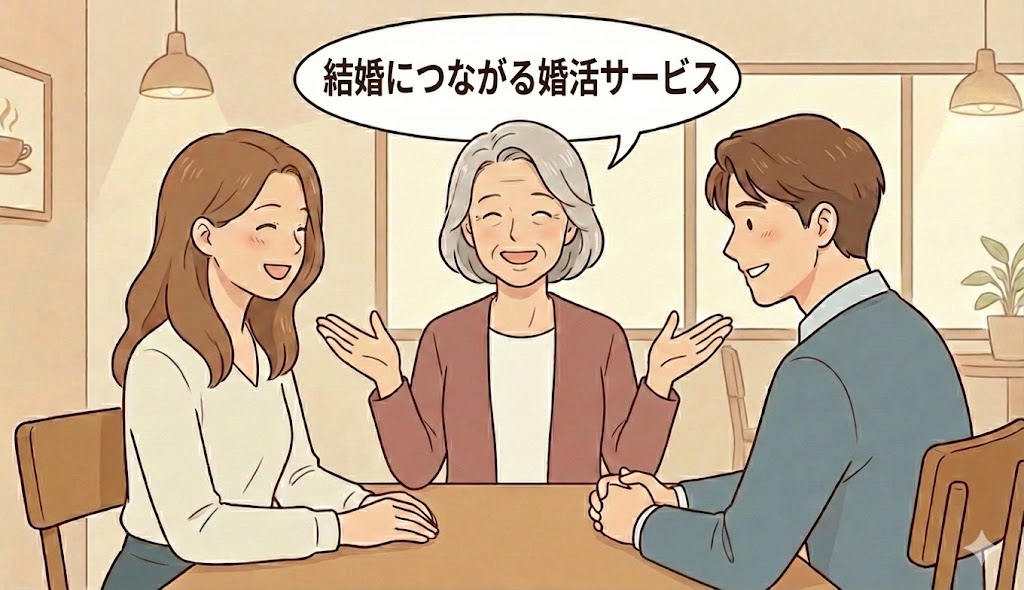 「結婚につながる婚活サービス」という見出しと共に、真剣な出会いを求める男女と、確実性の高いサービスを案内する相談員のイラスト【婚活サービス総合案内】