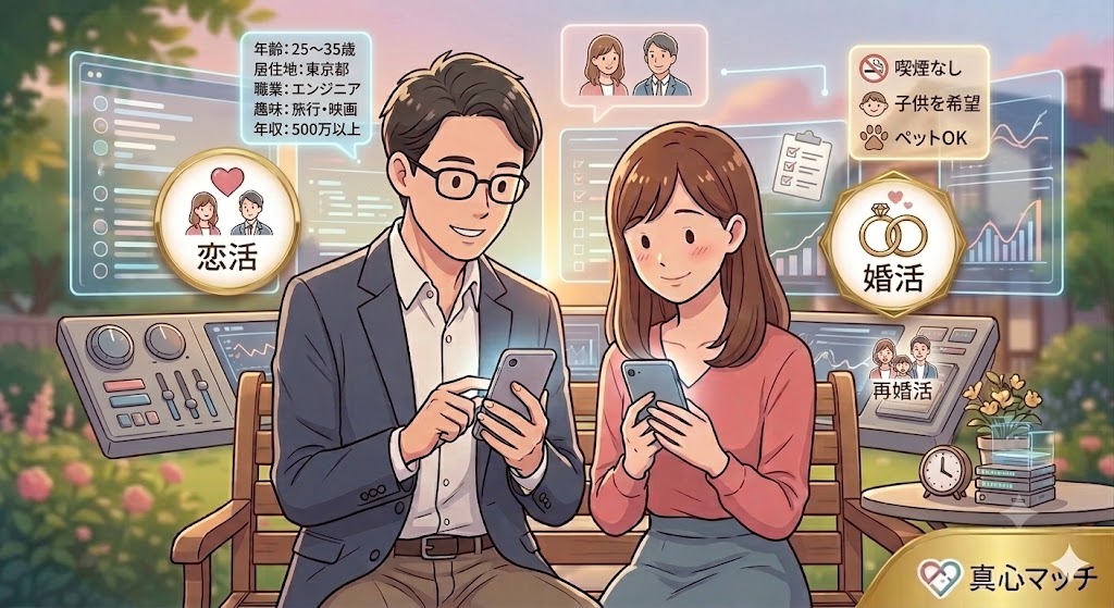 スマートフォンで条件（婚活、職業など）をチェックする男女のイラスト。（AI生成イメージ）