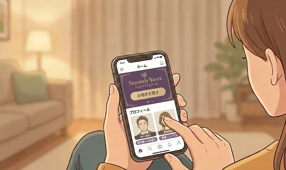 スマホで婚活アプリ「シンシアリーユアーズ」のプロフィール画面を操作している手元のイラスト（AI生成イメージ）