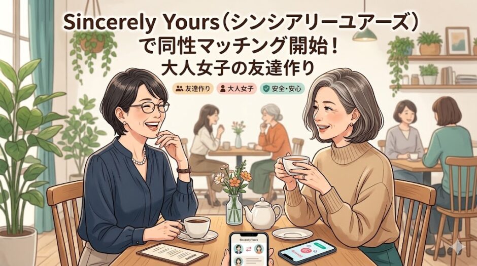シンシアリーユアーズの同性マッチングで友達作りを楽しむ大人女子のアイキャッチ画像（AI生成イメージ）