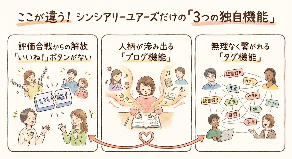 シンシアリーユアーズの３つの独自機能を説明した図解
