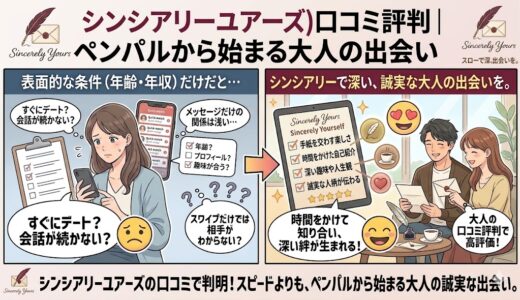 ペンパルから始まる婚活アプリ「シンシアリーユアーズ」の口コミ評判を解説するアイキャッチ画像（AI生成イメージ）