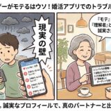 「シングルファザーはモテない？」と婚活アプリでマッチングせず、育児に追われながら「現実の壁」に悩む男性と、誠実なプロフィールで理解者を探す戦略をアドバイスする相談員のイラスト【婚活お悩み相談】（AI生成イメージ）