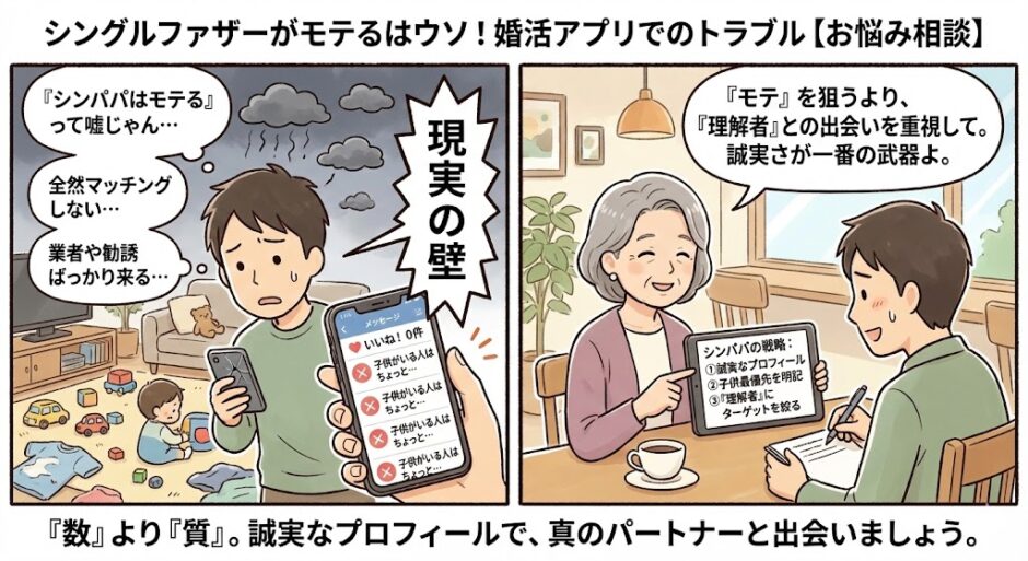 「シングルファザーはモテない？」と婚活アプリでマッチングせず、育児に追われながら「現実の壁」に悩む男性と、誠実なプロフィールで理解者を探す戦略をアドバイスする相談員のイラスト【婚活お悩み相談】（AI生成イメージ）