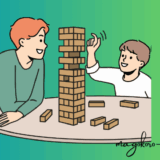 子供と一緒にジェンガで遊ぶシングルファザーのイラスト