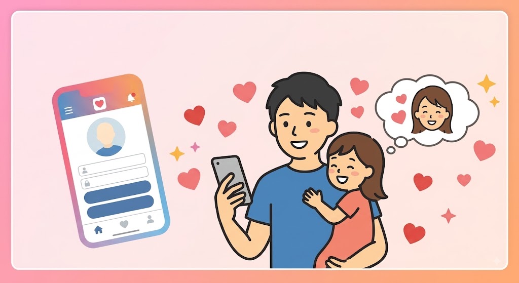 マッチングアプリで再婚を目指すシングルファーザーと子供の幸せな姿を描いたフラットイラスト。左に空のプロファイルを持つスマホ画面、右に女性を想う思考バブルとハートが散りばめられている。(AI生成イメージ)