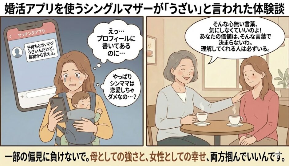マッチングアプリで「子持ちはうざい」と心無いメッセージを送られ涙するシングルマザーと、偏見に負けないよう励ますカウンセラーのイラスト【シングルマザーの婚活体験談アイキャッチ】（AI生成イメージ）
