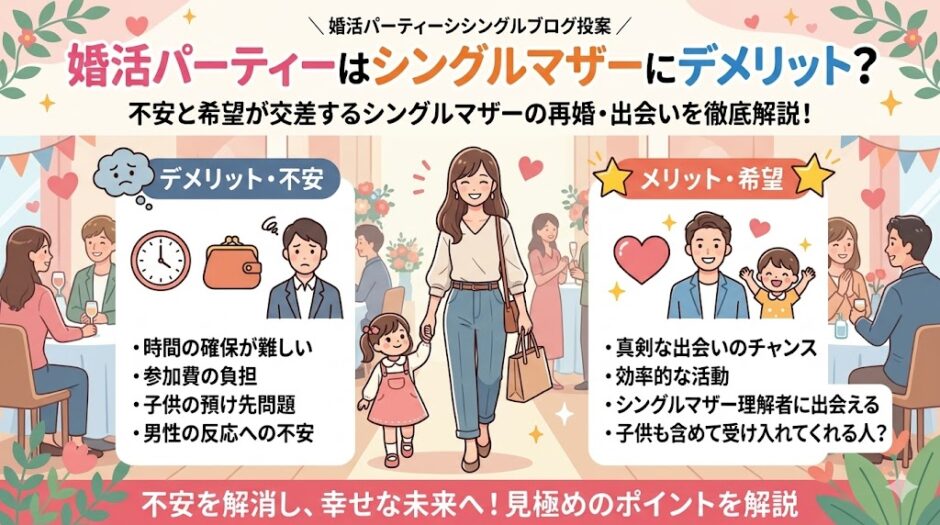 シングルマザーの婚活パーティー参加におけるメリットとデメリットをまとめたアイキャッチ（AI生成イメージ）