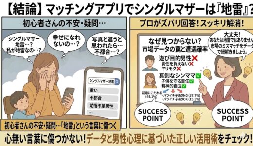 マッチングアプリで「シングルマザーは地雷」という言葉に傷つく初心者女性に、プロのアドバイザーがIBJの市場データ（バツイチ子ありOKは15.5%）と男性心理に基づいた正しい活用術を解説する2コマ漫画風イラスト（AI生成イメージ）