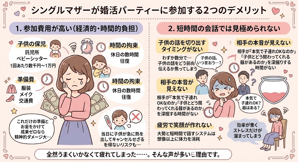 シングルマザーが婚活パーティーに参加する2つのデメリットを解説するインフォグラフィック（AI生成イメージ）