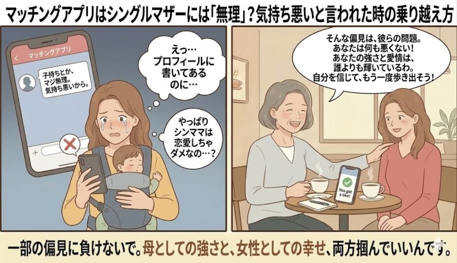 マッチングアプリで「シングルマザーは無理、気持ち悪い」と言われ傷つく女性と、優しく励ます女性のイラスト（AI生成イメージ）