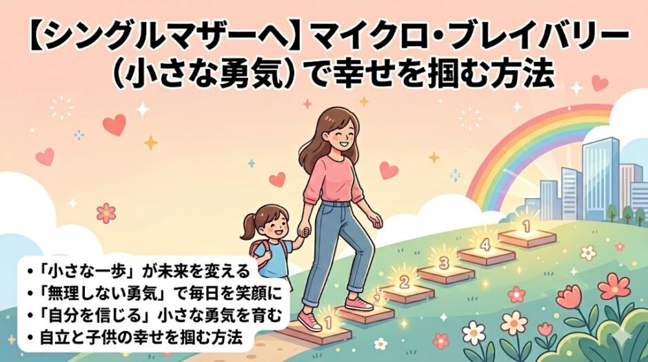 【シングルマザーへ】マイクロ・ブレイバリー（小さな勇気）で幸せを掴む方法」の記事アイキャッチ画像。暖かく前向きなベクターイラストで、笑顔の母と娘（リュック付き）が手をつないでいる（AI生成イメージ）