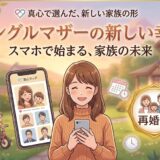 シングルマザー向けマッチングアプリで出会いを探す笑顔の女性のイラスト。新しい家族の未来をテーマにしたアイキャッチ画像（AI生成イメージ）