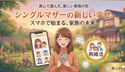 シングルマザー向けマッチングアプリで出会いを探す笑顔の女性のイラスト。新しい家族の未来をテーマにしたアイキャッチ画像（AI生成イメージ）