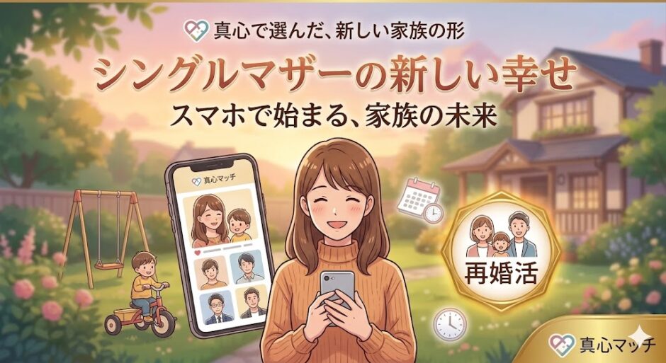 シングルマザー向けマッチングアプリで出会いを探す笑顔の女性のイラスト。新しい家族の未来をテーマにしたアイキャッチ画像（AI生成イメージ）