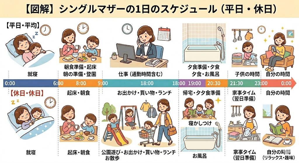 シングルマザーの1日のスケジュール（平日と休日）を図解したイラスト（AI生成イメージ）