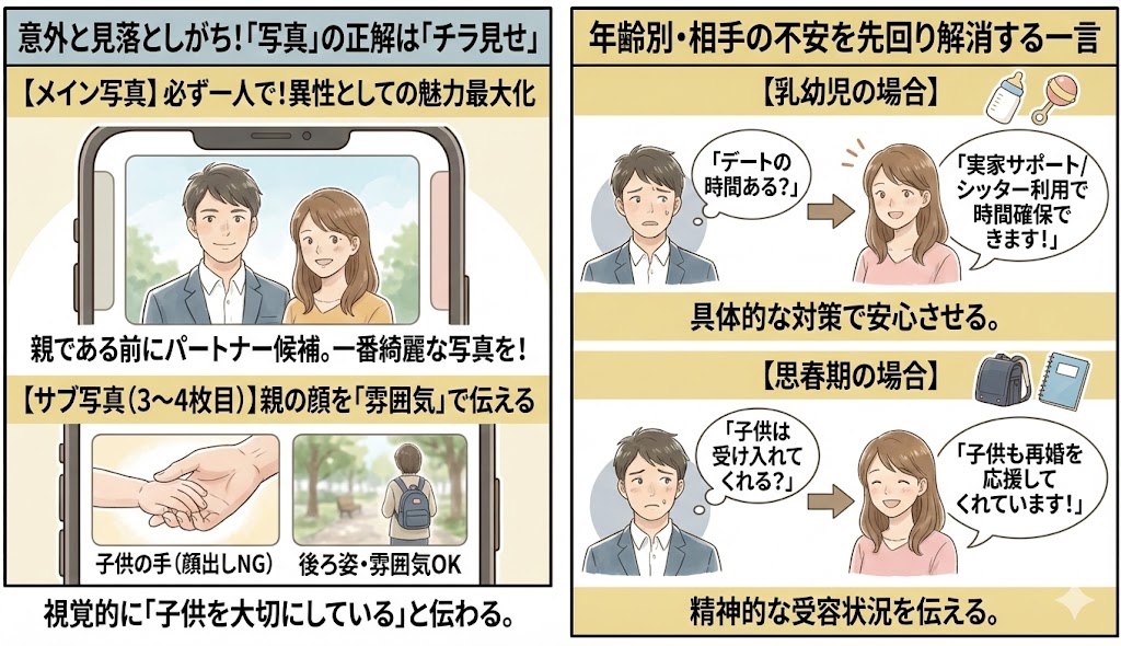 バツイチ子持ちのプロフィール写真戦略と子供の年齢別対策の図解。メイン写真は一人で魅力を最大化し、サブ写真で子供の手や後ろ姿をチラ見せする方法。乳幼児期はデート時間の確保、思春期は再婚への賛成を伝えて相手の不安を解消するテクニック（AI生成イメージ）