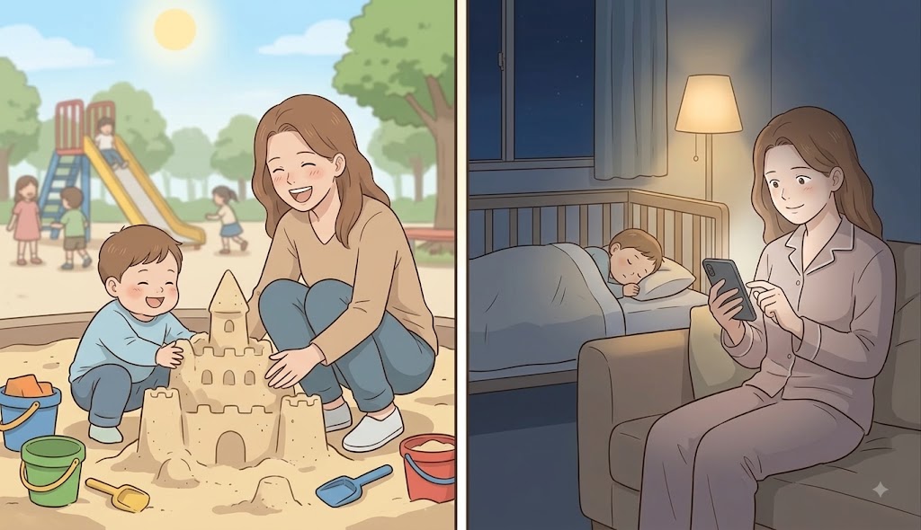 昼は公園で息子と砂遊びをし、夜は寝かしつけた後にスマホで自分の時間を過ごすシングルマザーの親子イラスト。婚活や育児の両立をイメージ（AI生成イメージ）