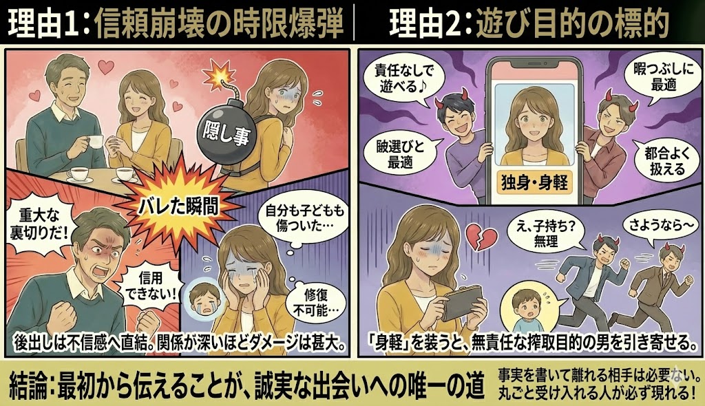 シンママを隠してアプリを使う弊害(後出しによる不信感と、無責任な男性を引き寄せる罠)を描いた漫画風画像(AI生成イメージ)