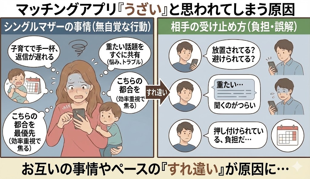 シングルマザーがマッチングアプリで「うざい」と思われてしまう原因の図解。子育てによる返信の遅れや余裕のなさが、相手には「放置」「重たい」「押し付け」と誤解されてしまう「すれ違い」の構造を解説したイラスト(AI生成イメージ)