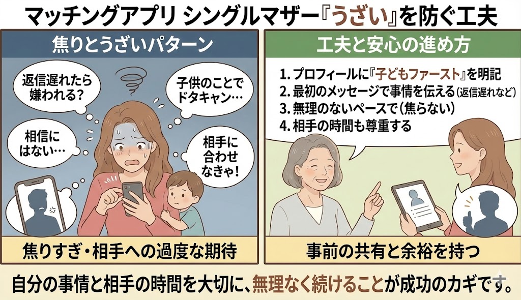 シングルマザーがマッチングアプリで「うざい」と誤解されないための工夫と対策の図解。左側は焦って相手に合わせすぎる失敗例、右側は解決策としてプロフィールに「子どもファースト」を明記することや、最初のメッセージで事情を伝える工夫、無理のないペース配分などを推奨するイラスト(AI生成イメージ)