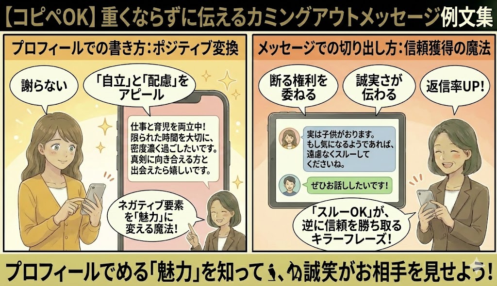 マッチングアプリでシングルマザーをカミングアウトする際の、重くならないプロフィールとメッセージの例文をまとめた図解(AI生成イメージ)