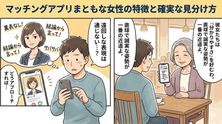マッチングアプリまともな女性の特徴と確実な見分け方を解説する漫画風アイキャッチ画像（AI生成イメージ）