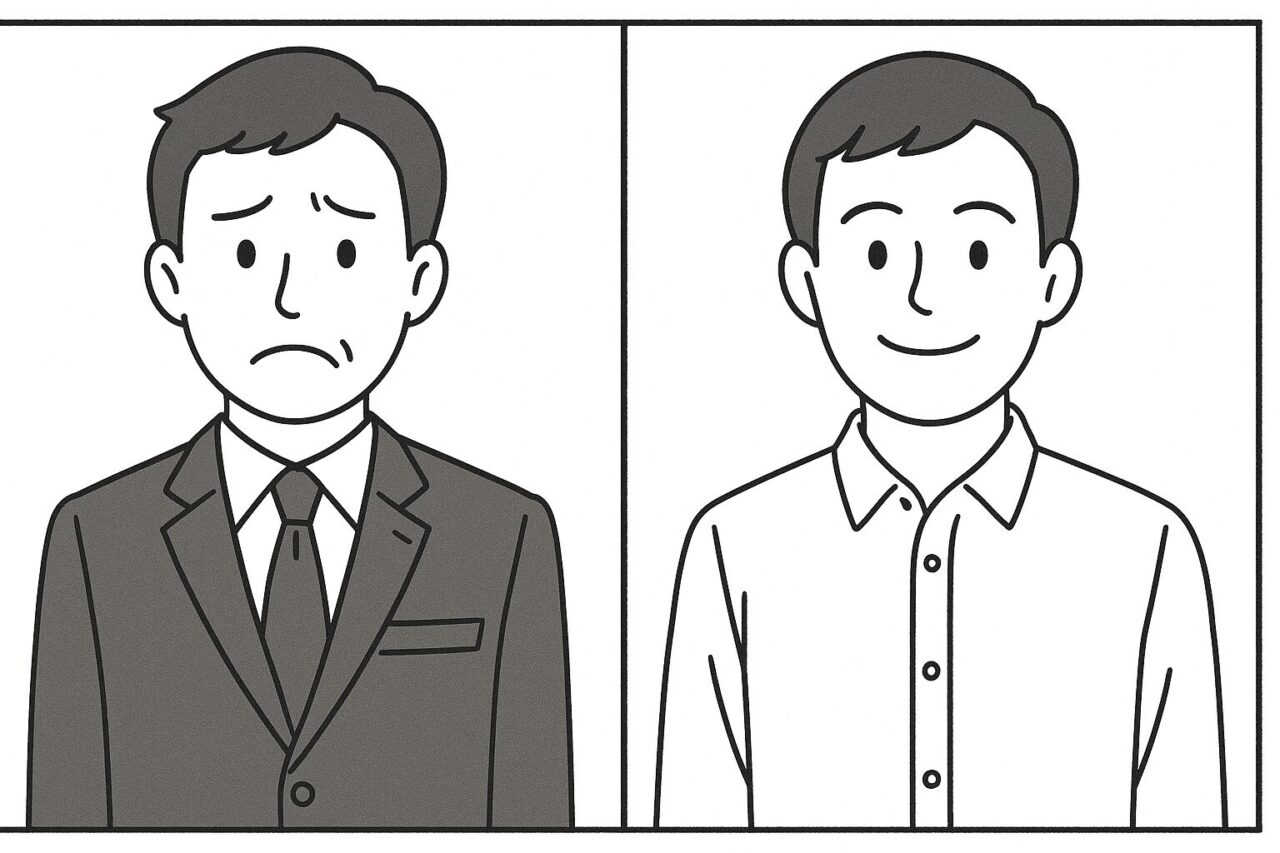 スーツ姿で困った表情の男性と、襟付きシャツで笑顔の男性を描いた線画の2コマイラスト