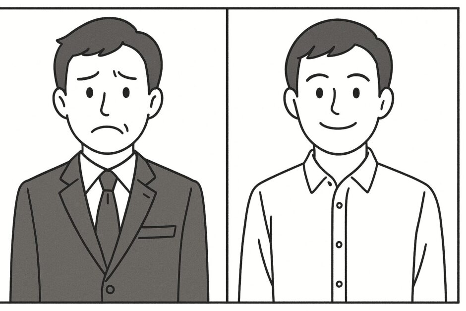 スーツ姿で困った表情の男性と、襟付きシャツで笑顔の男性を描いた線画の2コマイラスト