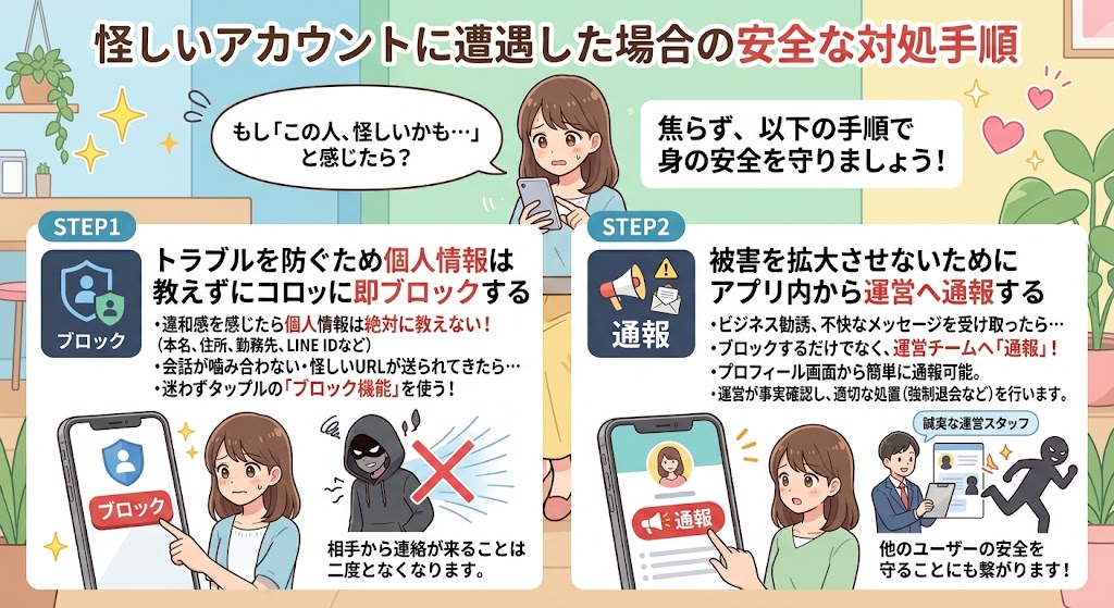 怪しいアカウントへの安全な対処手順を解説するインフォグラフィック（AI生成イメージ）