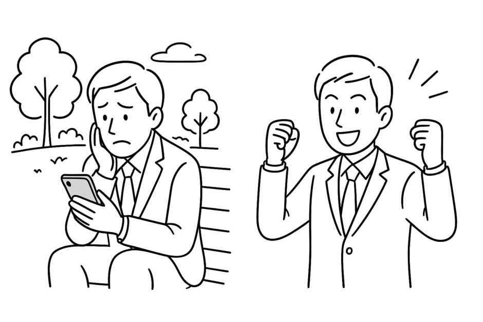 スーツ姿の40代男性が公園のベンチでスマホを見て悩む様子と、スマホを見てガッツポーズをする様子を描いた白黒の線画イラスト