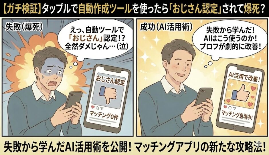自動ツールで「おじさん認定」され失敗した男性と、AI活用術でプロフィールを改善し成功した男性の比較イラスト（AI生成イメージ）